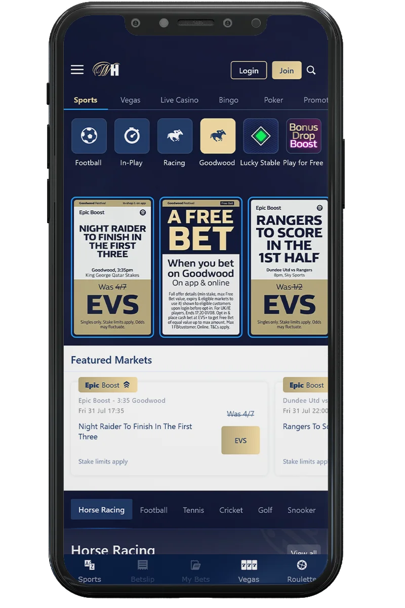 Screenshot of an online casino on a mobile phone