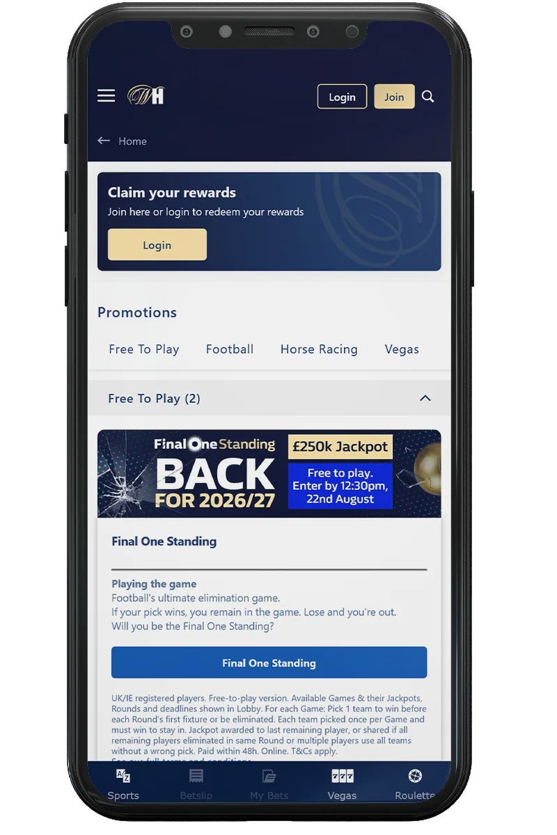 Screenshot of an online casino on a mobile phone